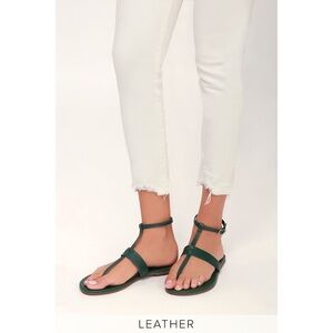 Lulus Women’s Colleen Forest Green Leather Flat Sandals Size 7 Comfort Casual